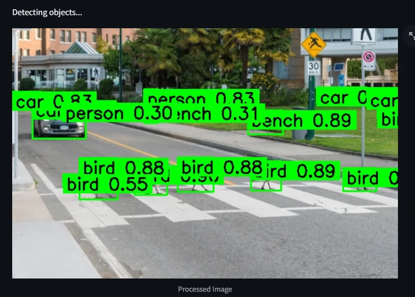 YOLO object detection result identifying cars, people, birds, and benches in a street scene
