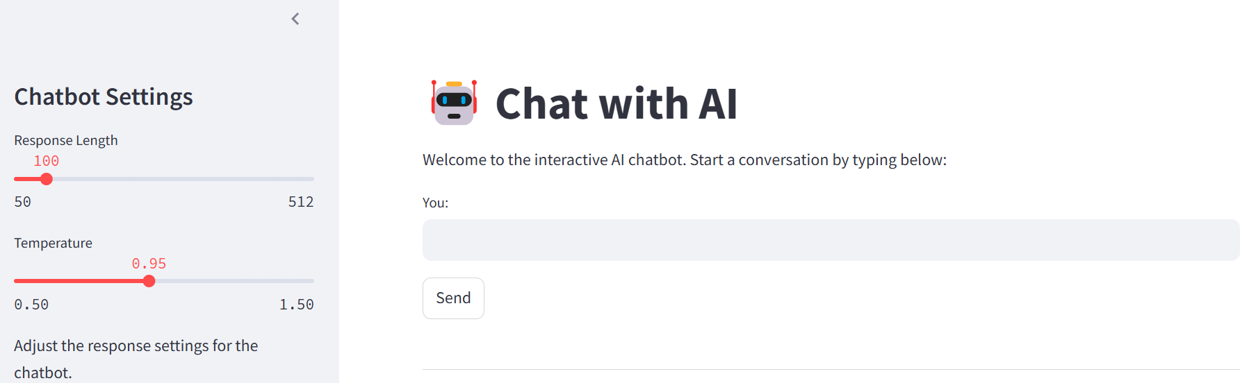 Streamlit AI chatbot interface with response length and temperature controls
